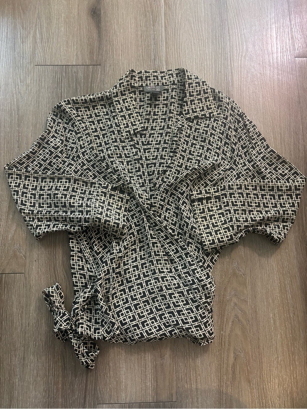 Lafayette 148 New York Black & Cream Geometric Wrap Blouse